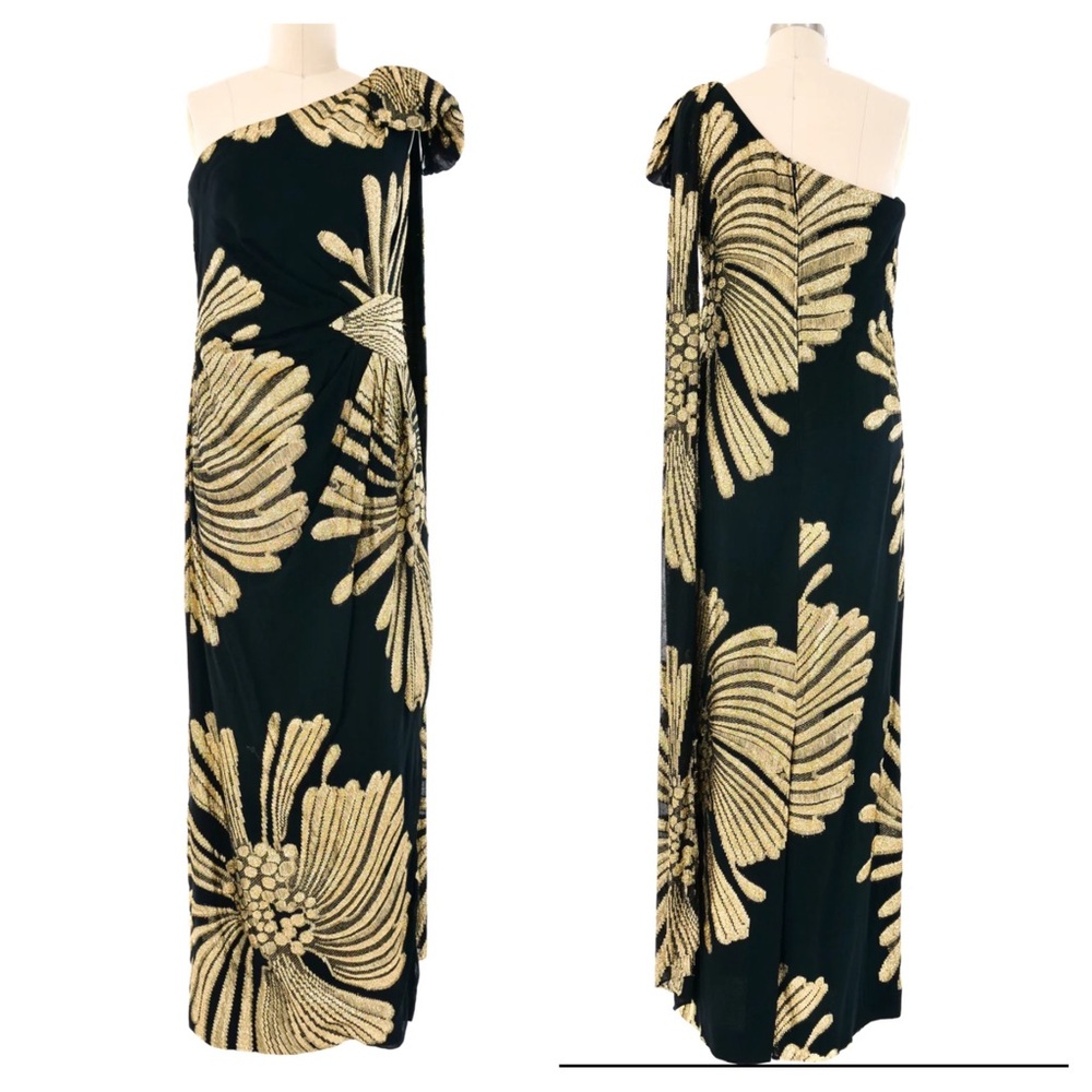 Lee Jordan New York Black & Gold Metallic Floral One Shoulder Formal Gown Size 6